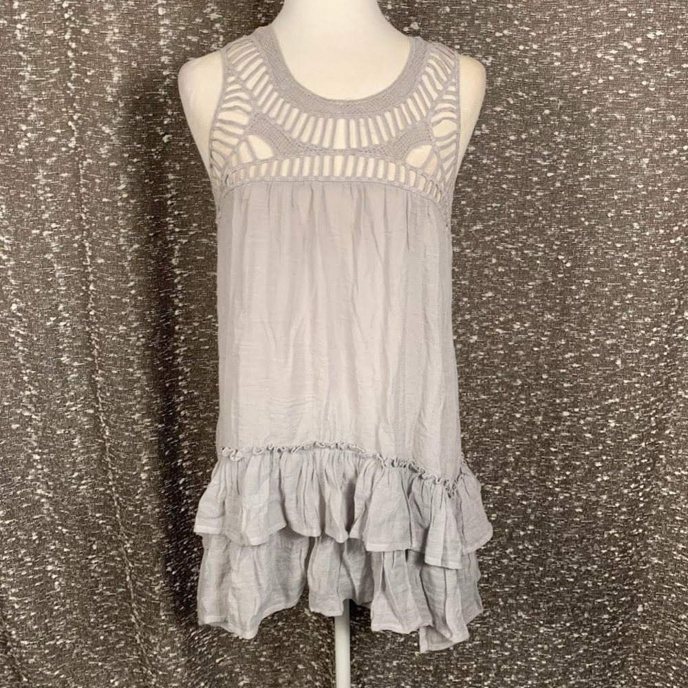 Entro Grey Crochet Lace Ruffle Tunic Top Boho Festival Sleeveless Women's Small